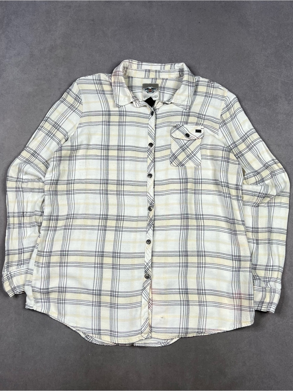 Harley-Davidson Cream and Black Plaid Shirt with Logo Patch